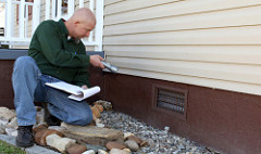 Photo of a man inspecting the exterior of a home to illustrate points about questions for home inspectors.