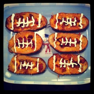Photo of football potato skins for tips about a super bowl party.