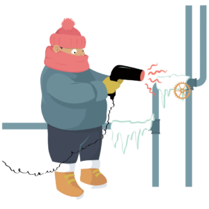 Illustration of a man using a hair dryer to thaw frozen pipes for an article about preventing frozen pipes.