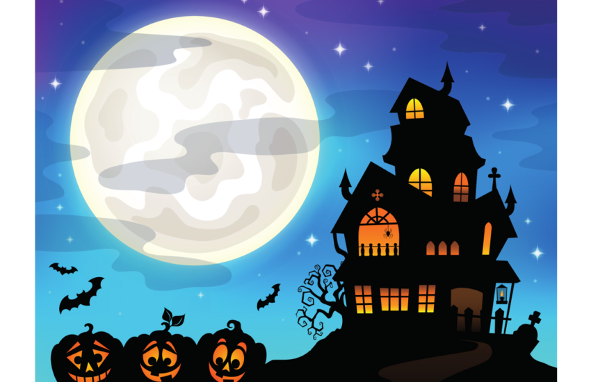 Graphic of a spooky house with the moon and pumpkins that look like local haunted houses.