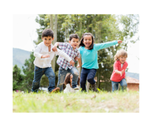 Photo of happy kids running and playing; one of the Plainfield events coming up is a spring break camp for preschool kids.