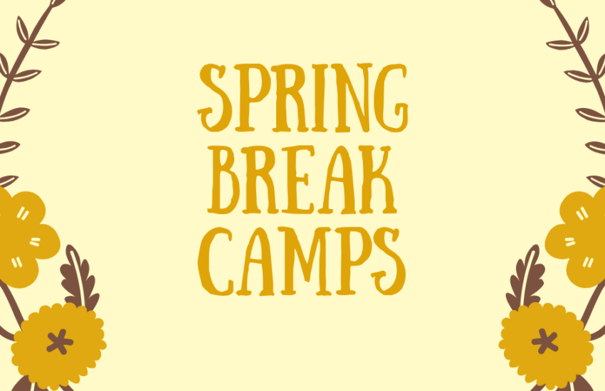 Floral spring graphic for an article about upcoming spring break camps in Joliet.