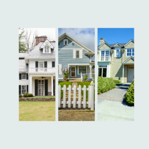 Photo collage of three different homes for an article about factors that influence home value.