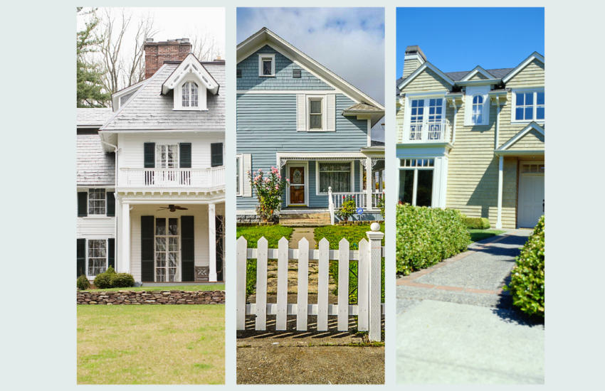 Photo collage of three different homes for an article about factors that influence home value.