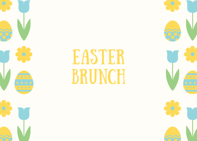 Easter brunch graphic with Easter eggs and flowers.
