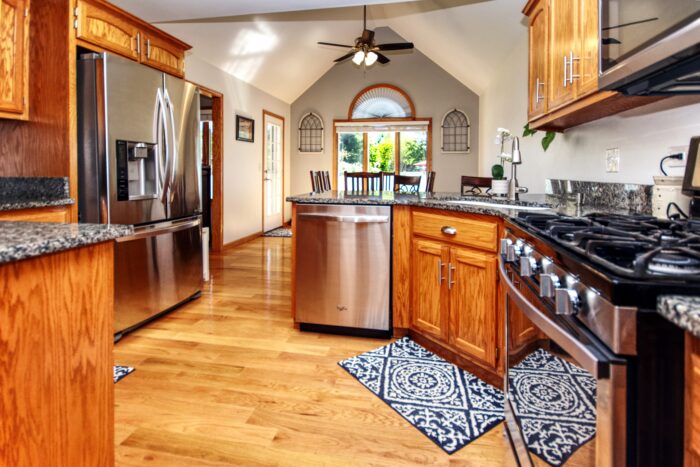 Eat in kitchen has vaulted ceiling eating area at 736 River Bluff Shorewood.